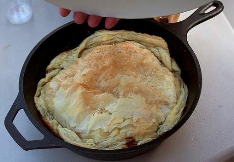 Tarte tatin made in a cast-iron pan.