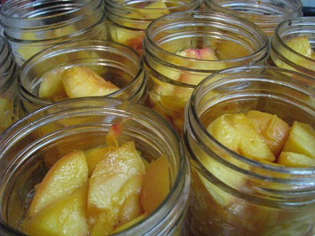 Bourboned peaches in jars ready for syrup and bourbon.