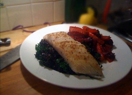 Alaskan Turbot with Kale and Beet Fries.