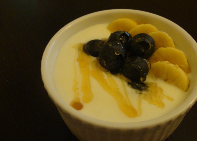 My favorite way to eat my homemade honey vanilla yogurt--with fresh blueberries and baby bananas.