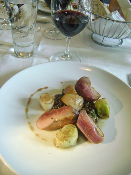 Duck Breast with Jerez poached apple, leeks and lentils.