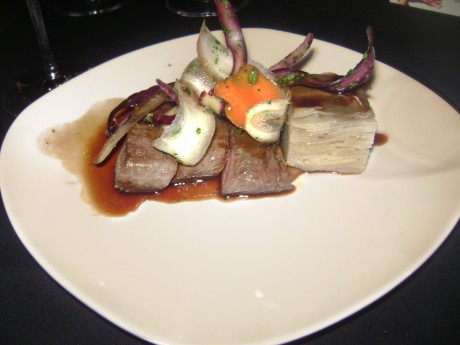Flat Iron Steak, Potato Pave, Root veg with Huckleberry and Rosemary jus